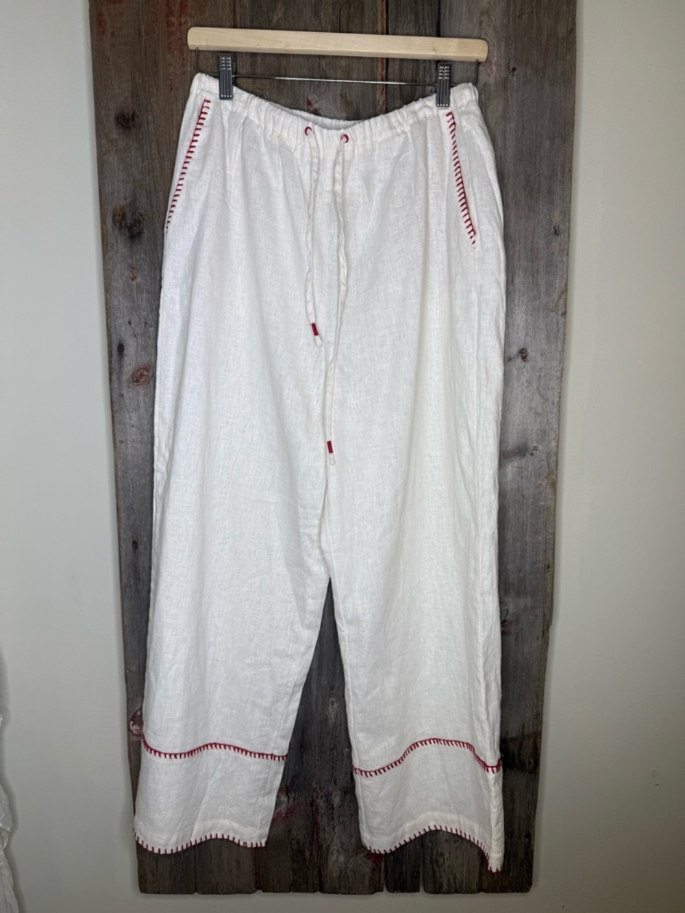 Calypso St. Barth White Linen Drawstring Wide Leg Pant with Red Stitching size 8